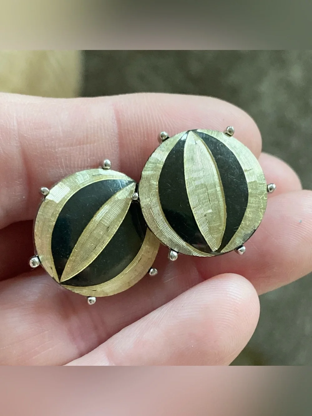 VTG SWANK Silvertone Swirl Black Round Cufflinks MCM Retro